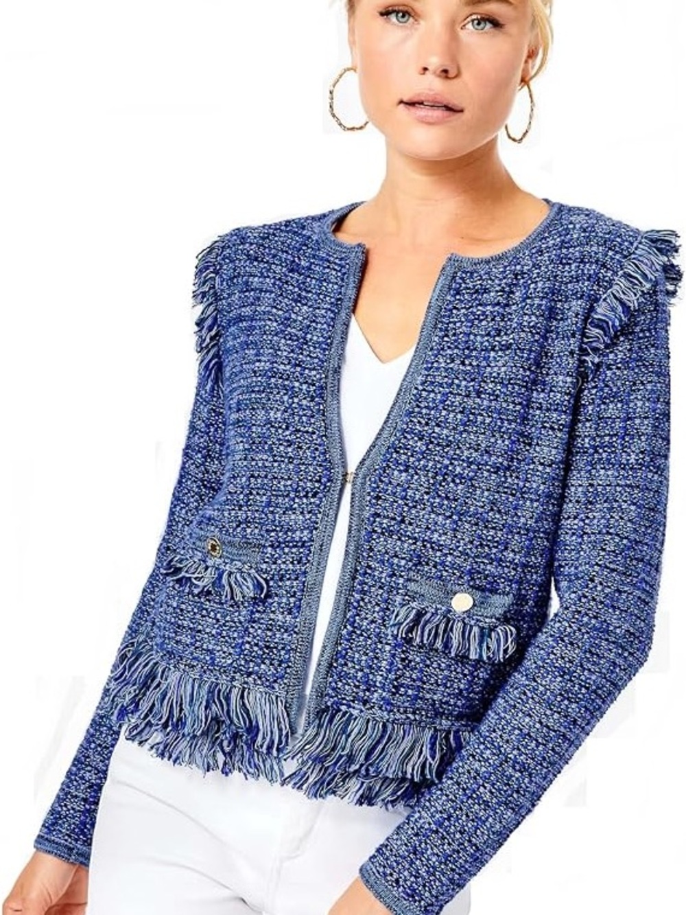 Lilly Pulitzer Simora Fringe Tweed Cardigan - Blue - Picture 2 of 11